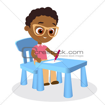 Young african american boy paints sitting at a school desk . Vector illustration eps 10. Flat cartoon style.