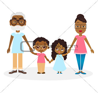 African american Grandparents with grandson and granddaughter. Happy African american family hold hands. Vector illustration eps 10 isolated on white background. Flat cartoon style.