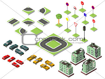 Set Isometric road and Vector Cars, Common road traffic regulatory, Building with a windows and air-conditioning. Vector illustration eps 10 isolated on background.