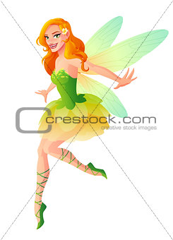 Vector cute flying fairy with dragonfly wings in green outfit.