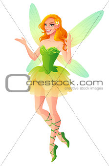 Vector presenting fairy with wings in green dress shows OK.