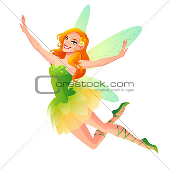 Vector cute flying floral fairy with wings in green dress.