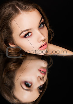 Beauty makeup fashion model on mirror  reflection