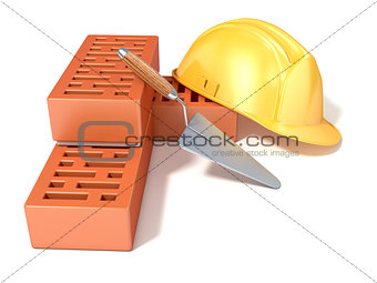 Safety helmet with rectangular perforated bricks and trowel. 3D