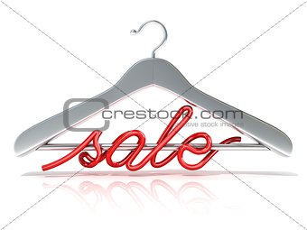 Silver clothes hangers with red sale sign, 3D