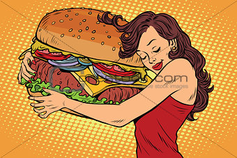 Beautiful young woman hugging Burger
