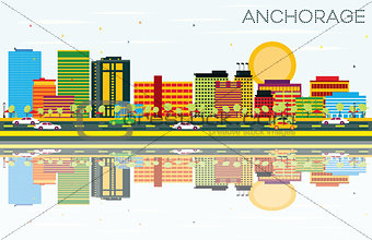 Anchorage Skyline with Color Buildings, Blue Sky and Reflections