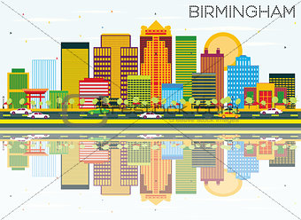 Birmingham Skyline with Color Buildings, Blue Sky and Reflection