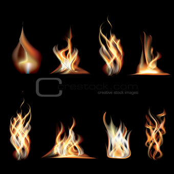 Realistic Burning Fire Flames Set.