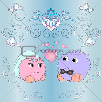 bride and groom wedding card ornaments blue background
