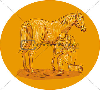 Farrier Placing Shoe on Horse Hoof Circle Drawing