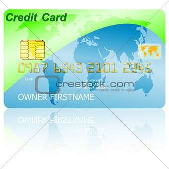 Green credit card with shadow over wite background. Vector illus