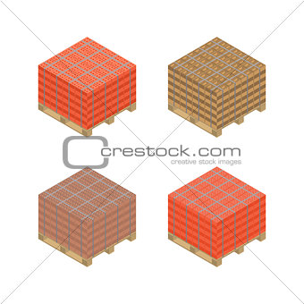 Isometric wooden pallet with bricks, vector illustration.