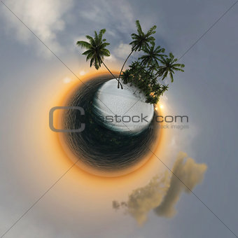 small planet, ocean, tropical island, palm trees