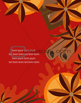Red background with orange, cinnamon and chocolate. Mulled wine concept with space for text. Vector illustration.