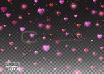 De focused and glittering separated elements. Valentines day background with bokeh effect falling hearts and confetti on transparent background. Vector illustration