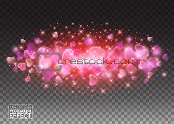 Glitter particles in heart shape. Star dust glittering sparks in explosion on transparent background. Sparkling diamond texture. Vector love saint valentine greeting card