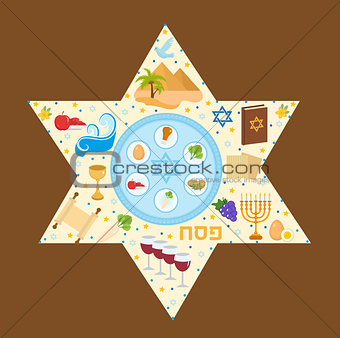 Happy Passover greeting card with torus, menorah, wine, matzoh, seder. Holiday Jewish exodus from Egypt. Pesach template for your design. Vector illustration.