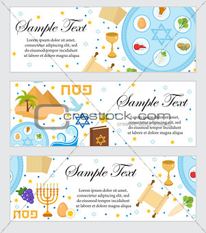 Happy Passover. Jewish holiday banner template for your design. Horizontal Border set. Vector illustration.