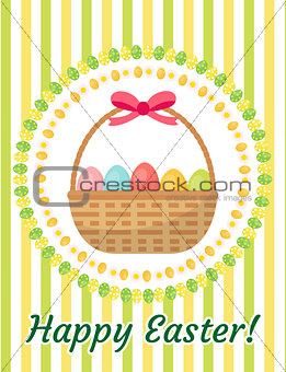 Happy Easter greeting card, flyer, poster with a basket of eggs. Spring cute template for your design. Vector illustration.