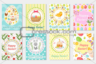 Happy Easter greeting card collection, flyer, poster. Spring cute set of templates for your design. Vector illustration
