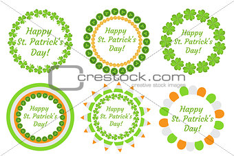 St. Patrick's Day round frame with clover, shamrock, flags, bunting. Isolated on white background. Vector illustration, clip art.