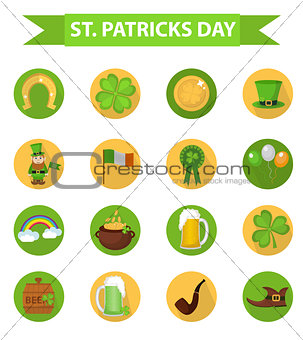St. Patricks Day icon set design element. Traditional irish symbols in modern flat style. Isolated on white background. Vector illustration, clip art.