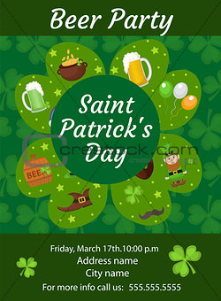 Happy St. Patrick's Day invitation, poster, flyer. Beer Party template for your design. Vector illustration.