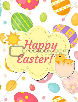 Happy Easter greeting card, flyer, poster with dyed eggs and chick. Spring cute template for your design. Vector illustration.