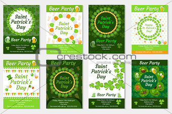 Collection of St. Patrick's Day invitation, poster, flyer. Beer Party set a template for your design with clover, shamrock. Vector illustration.