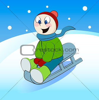 Funny boy rides in a sleigh. Cartoon vector illustration.