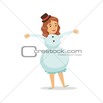 Girl In Snowman Outfit Dressed As Winter Holidays Symbol For The Costume Christmas Carnival Party