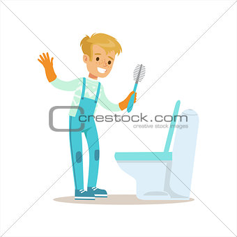 Boy In Gloves Cleaning Toilet With Brush Smiling Cartoon Kid Character Helping With Housekeeping And Doing House Cleanup