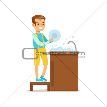 Boy Washing The Dishes Smiling Cartoon Kid Character Helping With Housekeeping And Doing House Cleanup