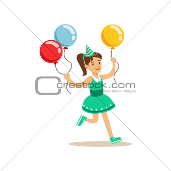 Girl Running With Three Multicolor Party Balloons, Kids Birthday Party Scene With Cartoon Smiling Character