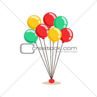 Bunch Of Flying Helium Multicolor Party Balloons, Kids Birthday Party Scene With Cartoon Smiling Character