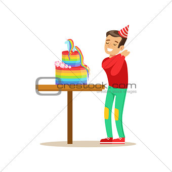 Boy Enjoying Rainbow Cake, Kids Birthday Party Scene With Cartoon Smiling Character