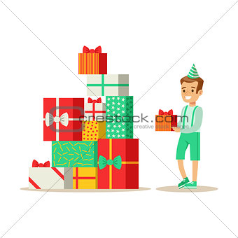 Boy Next To Giant Pile Of Presents , Kids Birthday Party Scene With Cartoon Smiling Character