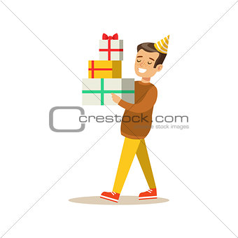 Boy Carrying Piled Presents , Kids Birthday Party Scene With Cartoon Smiling Character