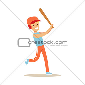 Boy Playing Baseball, Kid Practicing Different Sports And Physical Activities In Physical Education Class
