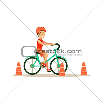 Boy Riding Bicycle, Kid Practicing Different Sports And Physical Activities In Physical Education Class