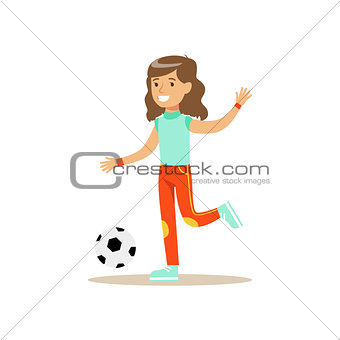 Girl Playing Football, Kid Practicing Different Sports And Physical Activities In Physical Education Class