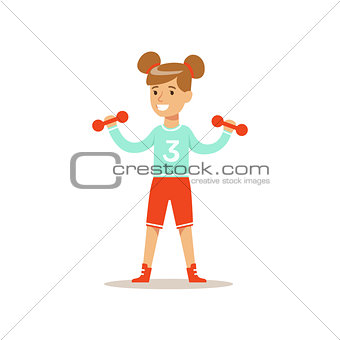 Girl Doing Exercises With Dumbbells, Kid Practicing Different Sports And Physical Activities In Physical Education Class