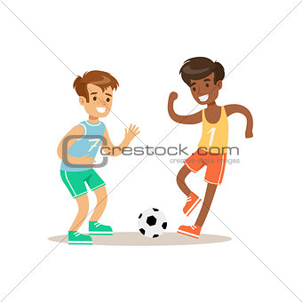 Boys Playing Football Kid Practicing Different Sports And Physical Activities In Physical Education Class