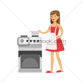 Woman Housewife Cooking At The Kitchen , Classic Household Duty Of Staying-at-home Wife Illustration