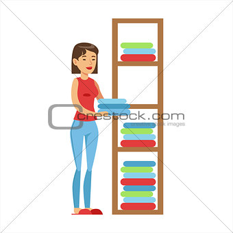 Woman Housewife Ranging Clean Clothes On Shelves, Classic Household Duty Of Staying-at-home Wife Illustration