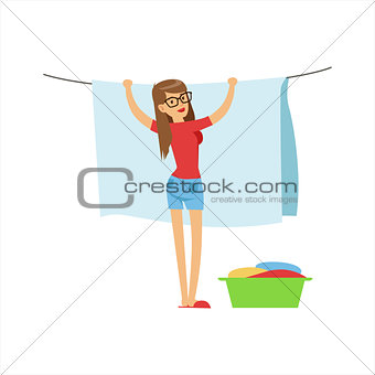 Woman Housewife Hanging Wet Laundry On The String Outdoors, Classic Household Duty Of Staying-at-home Wife Illustration