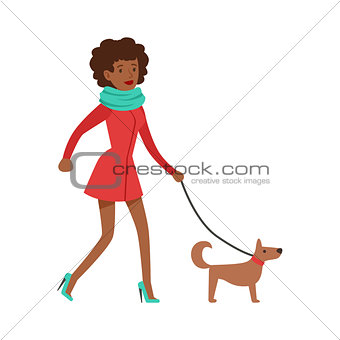 Woman Housewife Walking A Dog On a Leash, Classic Household Duty Of Staying-at-home Wife Illustration
