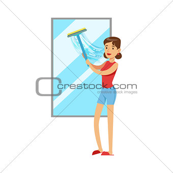 Woman Housewife Cleaning The Window With Squeegee, Classic Household Duty Of Staying-at-home Wife Illustration
