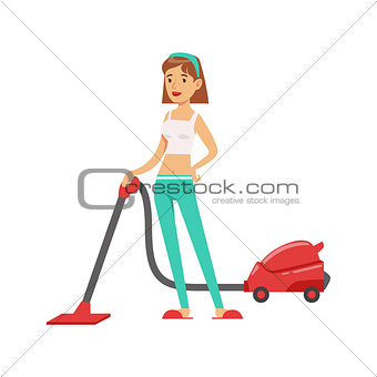 Woman Housewife Vacuum Cleaning The Floor , Classic Household Duty Of Staying-at-home Wife Illustration